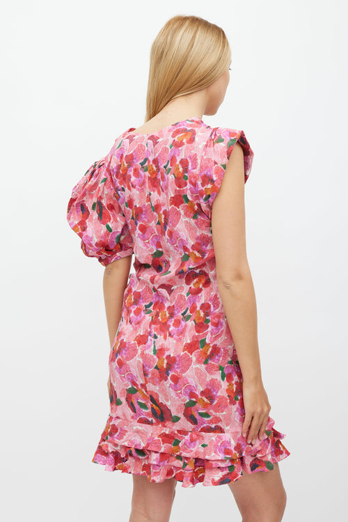 Isabel Marant Red 
Pink Floral Manadio Asymmetrical Dress