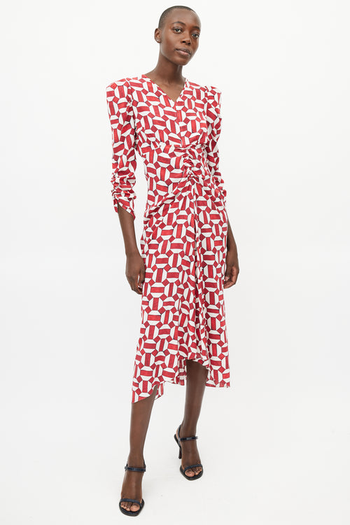 Isabel Marant Red 
White Ruched Geometric Dress