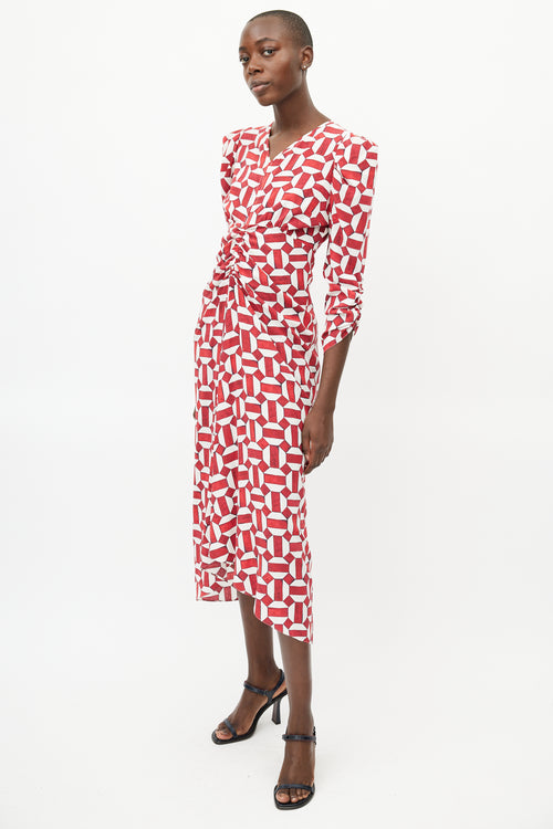 Isabel Marant Red 
White Ruched Geometric Dress