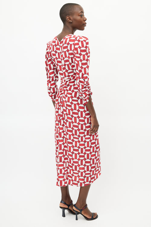 Isabel Marant Red 
White Ruched Geometric Dress