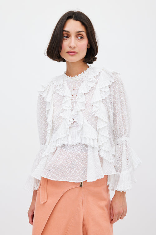 Isabel Marant White Eyelet Cotton Ruffled Top