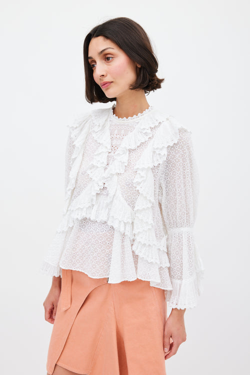 Isabel Marant White Eyelet Cotton Ruffled Top