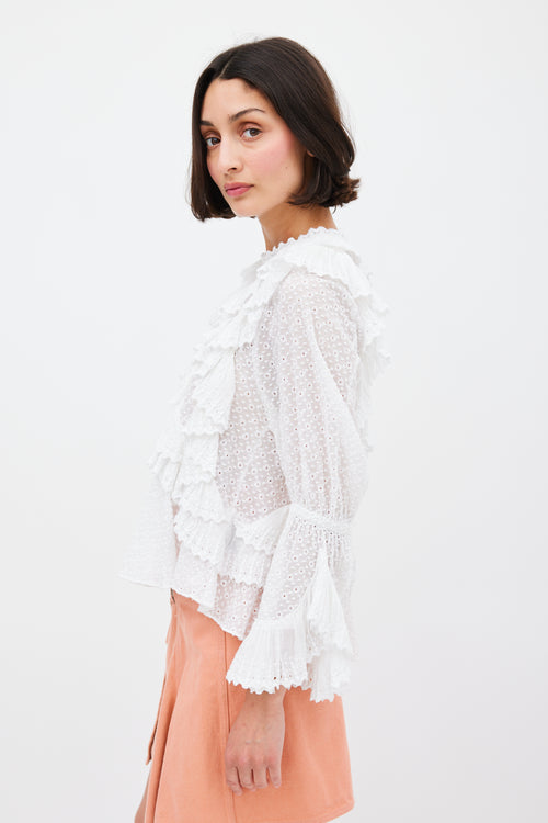 Isabel Marant White Eyelet Cotton Ruffled Top