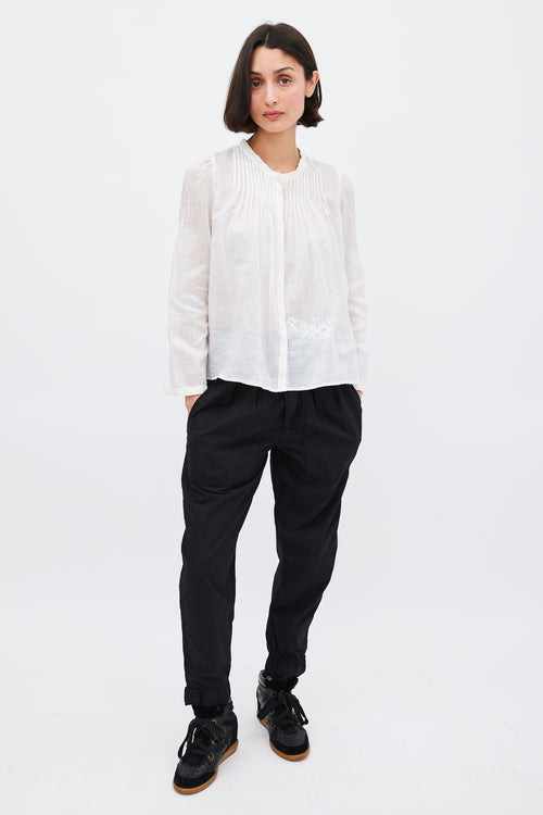 Isabel Marant White Ramie Pleated 
Embroidered Top