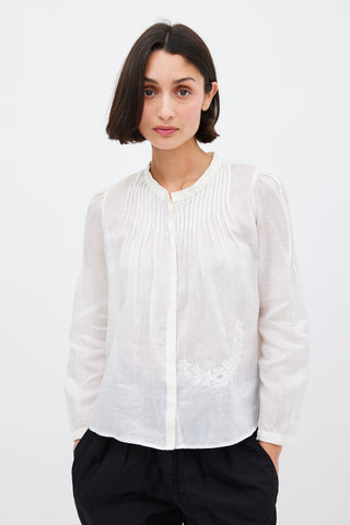 Isabel Marant White Ramie Pleated 
Embroidered Top