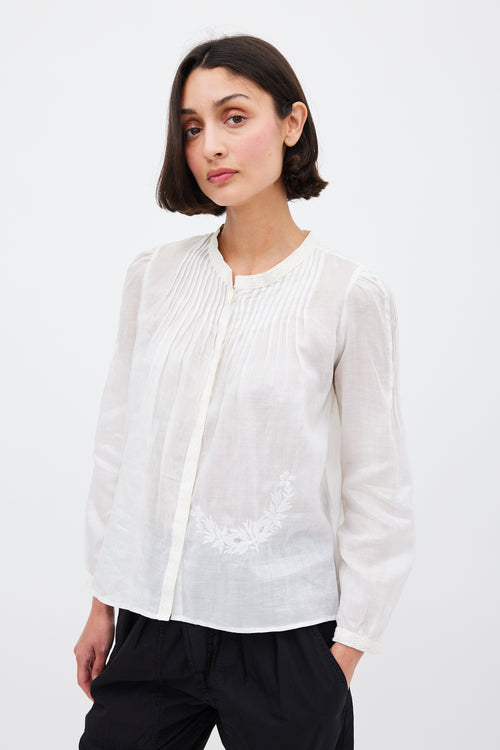 Isabel Marant White Ramie Pleated 
Embroidered Top