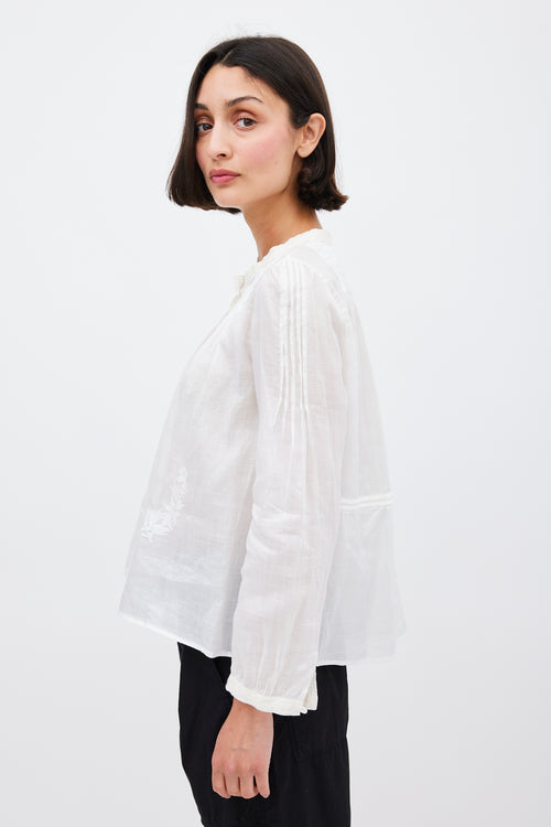 Isabel Marant White Ramie Pleated 
Embroidered Top