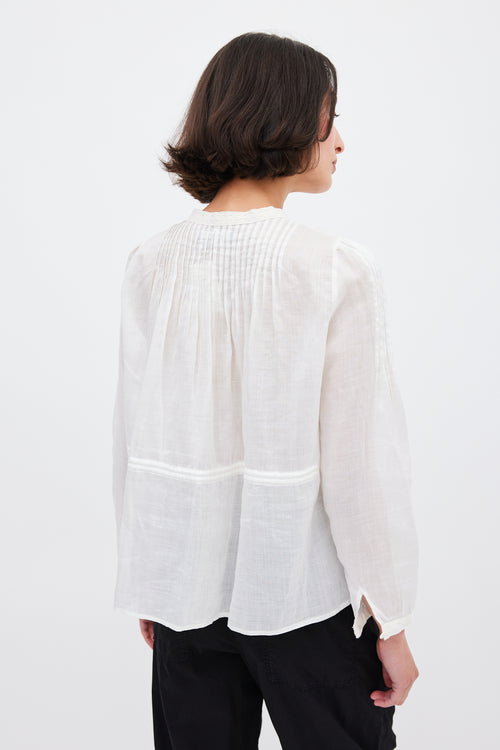 Isabel Marant White Ramie Pleated 
Embroidered Top