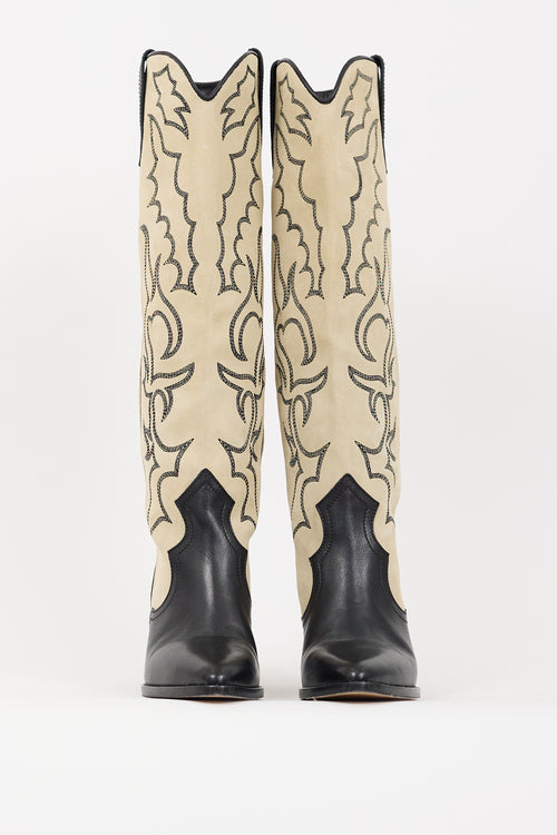 Isabel Marant Beige 
Black Suede 
Leather Leila Knee High Boot