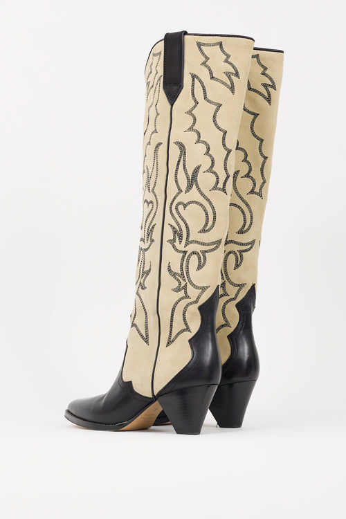 Isabel Marant Beige 
Black Suede 
Leather Leila Knee High Boot