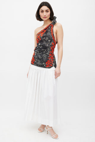 Isabel Marant Black White 
Red Floral Embroidered One Shoulder Top