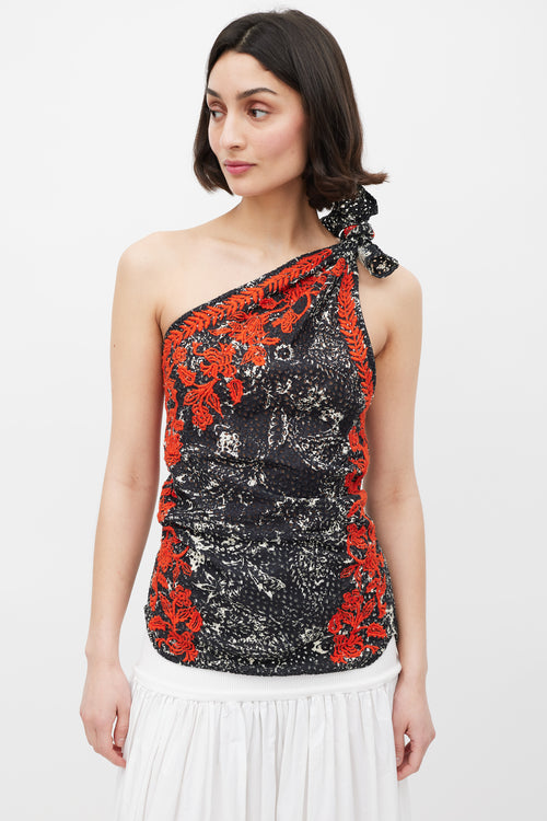 Isabel Marant Black White 
Red Floral Embroidered One Shoulder Top