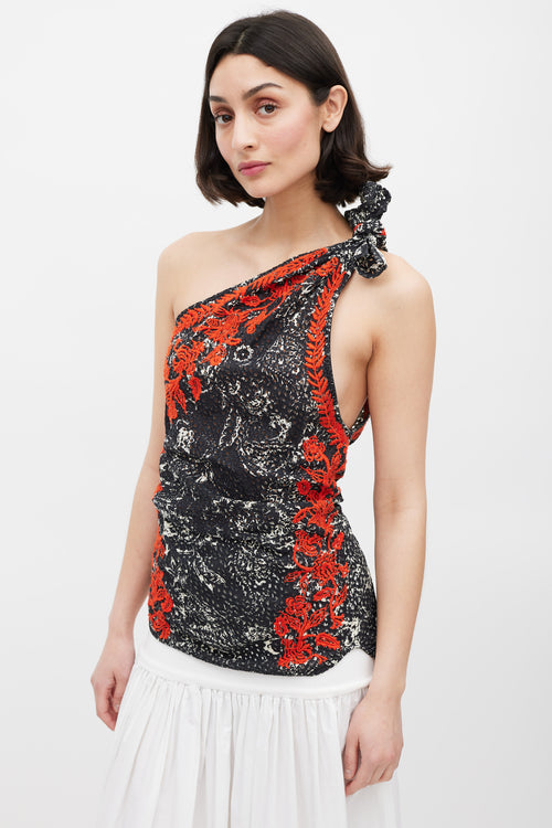 Isabel Marant Black White 
Red Floral Embroidered One Shoulder Top