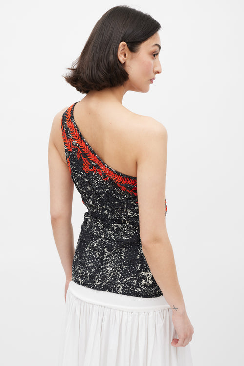 Isabel Marant Black White 
Red Floral Embroidered One Shoulder Top