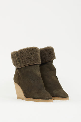 Isabel Marant Green Suede 
Shearling Totam Wedge Boot