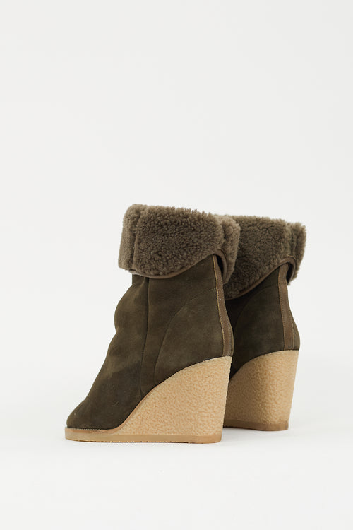 Isabel Marant Green Suede 
Shearling Totam Wedge Boot