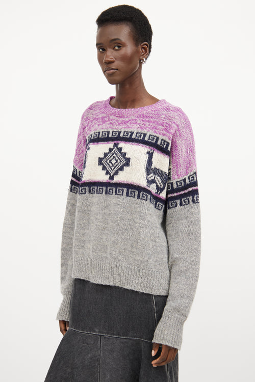 Isabel Marant Étoile Purple 
Multicolour Wool Knit Intarsia Sweater