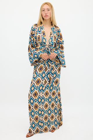 Issa Beige 
Multicolour Silk Printed V-Neck Dress