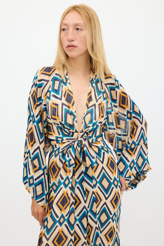 Issa Beige 
Multicolour Silk Printed V-Neck Dress