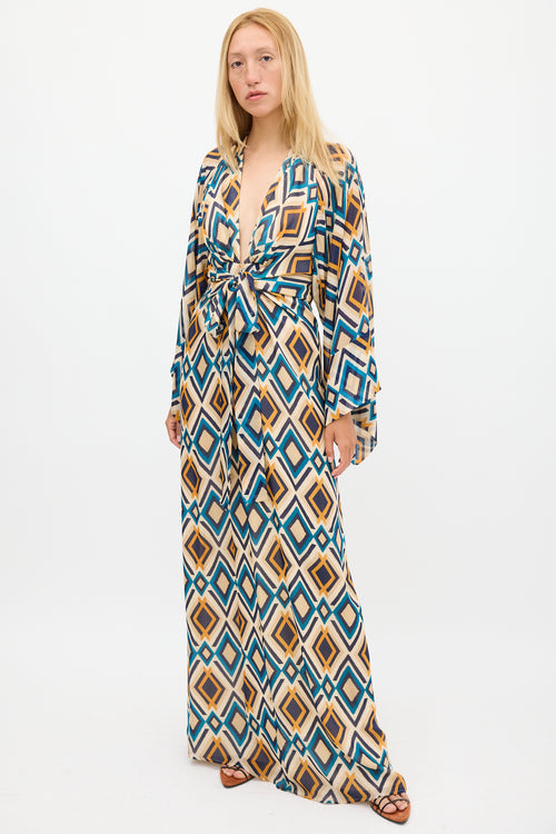 Issa Beige 
Multicolour Silk Printed V-Neck Dress