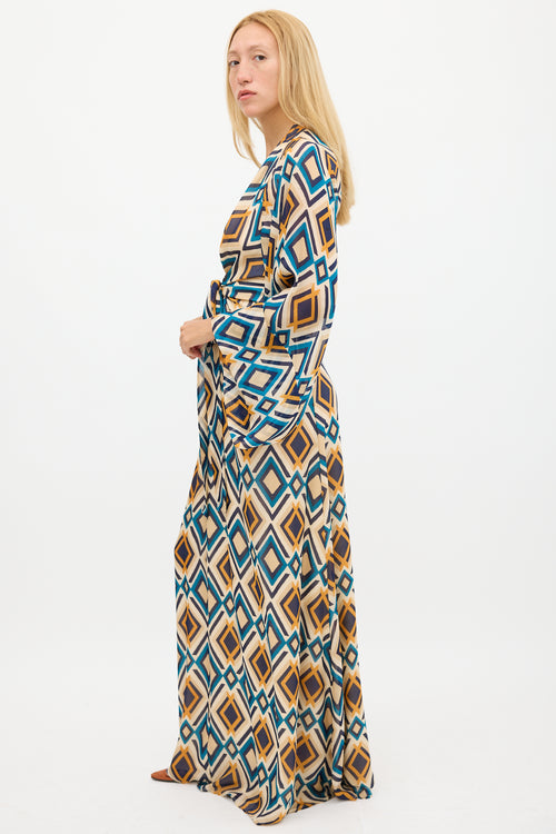 Issa Beige 
Multicolour Silk Printed V-Neck Dress