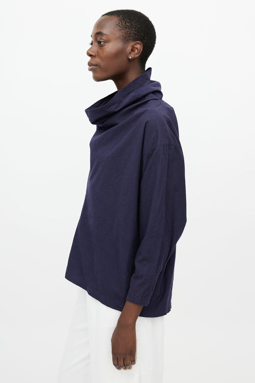 Issey Miyake 1980s Navy Cowl Neck Blouse