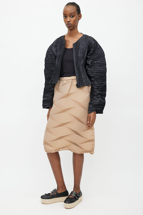 Issey Miyake Beige Silk Blend Wave Pleated Skirt