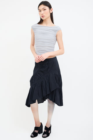 Issey Miyake Black Asymmetrical Ruched Midi Skirt