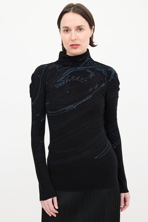 Issey Miyake Black 
Blue Glitter Turtleneck Top