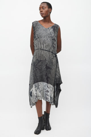 Issey Miyake Black 
Grey Pleated Double Wrap Dress