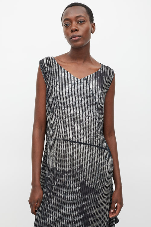 Issey Miyake Black 
Grey Pleated Double Wrap Dress