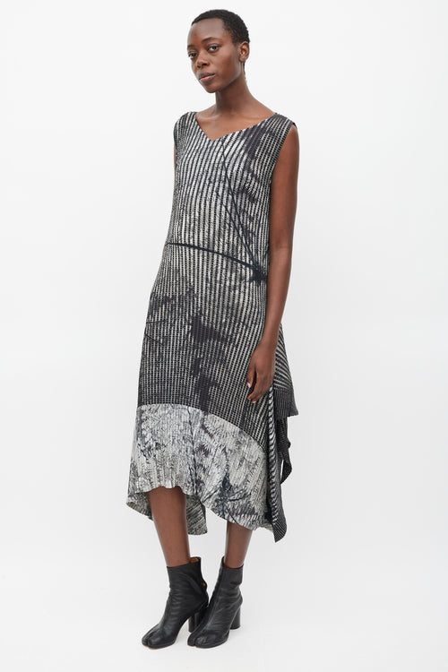 Issey Miyake Black 
Grey Pleated Double Wrap Dress