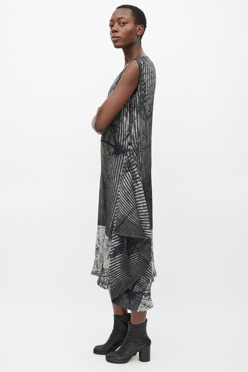 Issey Miyake Black 
Grey Pleated Double Wrap Dress