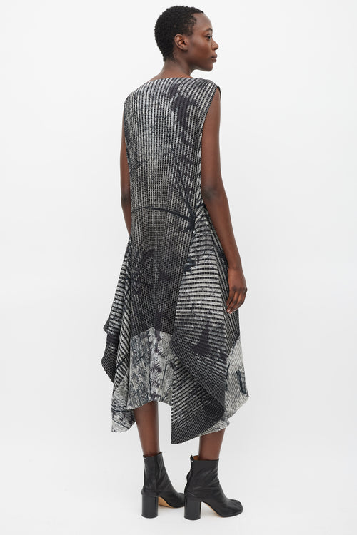 Issey Miyake Black 
Grey Pleated Double Wrap Dress