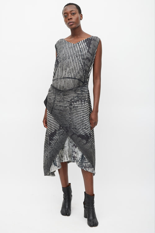 Issey Miyake Black 
Grey Pleated Double Wrap Dress