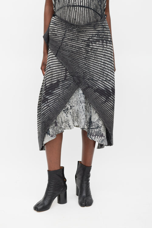 Issey Miyake Black 
Grey Pleated Double Wrap Dress