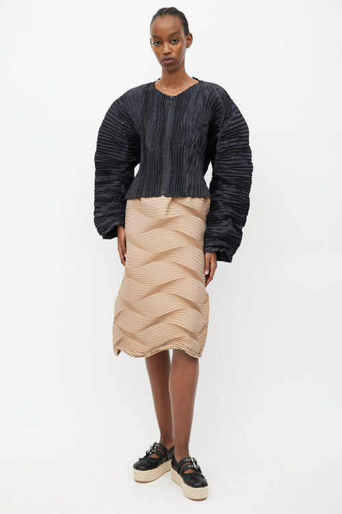 Issey Miyake Beige Silk Blend Wave Pleated Skirt