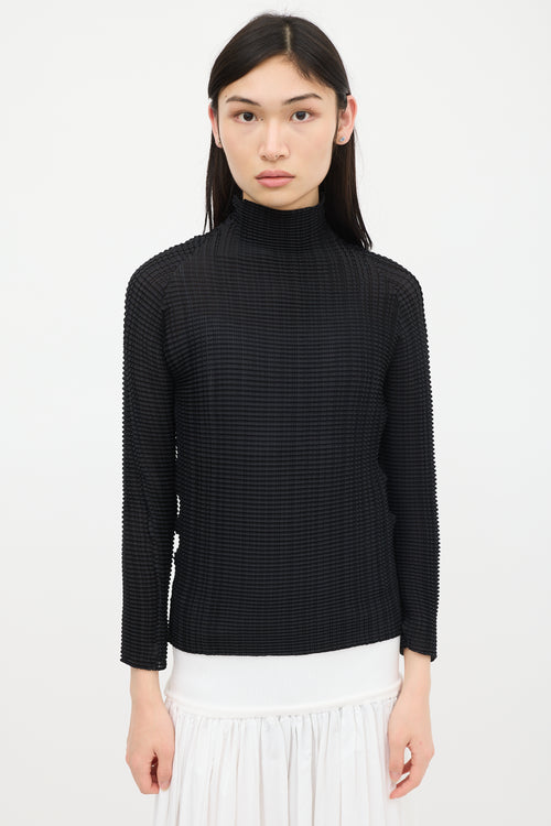 Issey Miyake Black Pleated Mock Neck Top