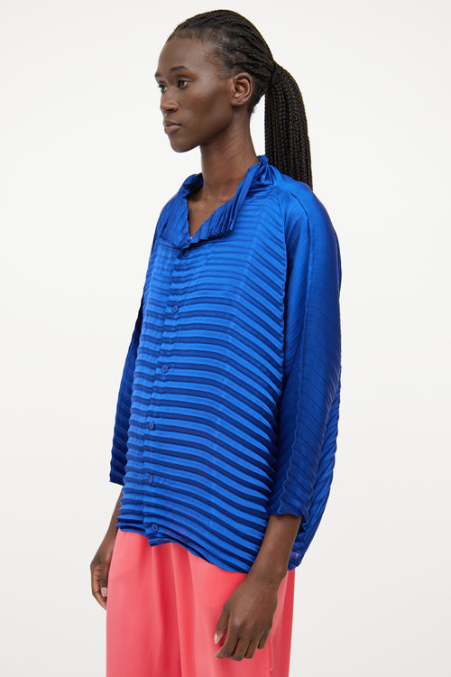 Issey Miyake Blue Pleated Wide Sleeve Cardigan