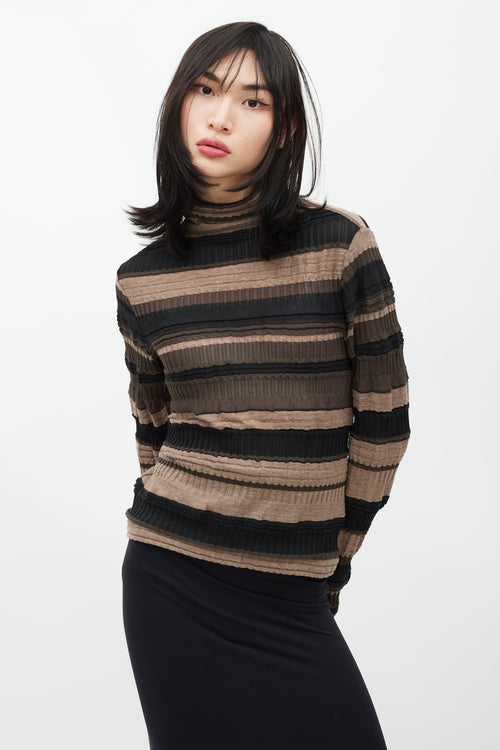 Issey Miyake Brown 
Black Striped Ribbed Turtleneck