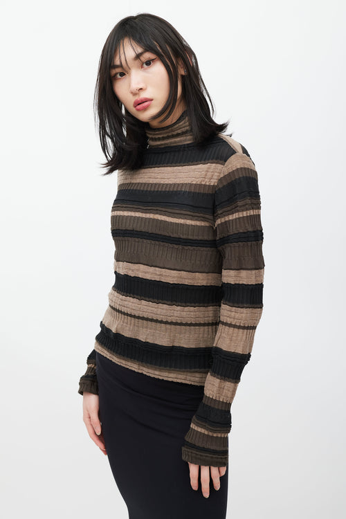 Issey Miyake Brown 
Black Striped Ribbed Turtleneck