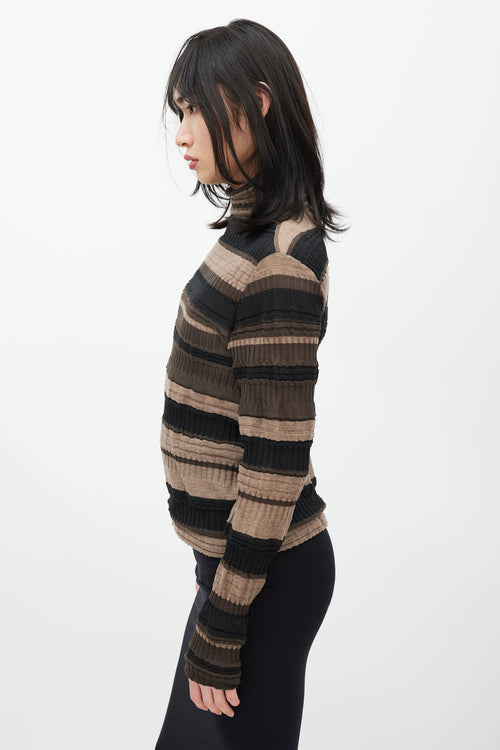 Issey Miyake Brown 
Black Striped Ribbed Turtleneck