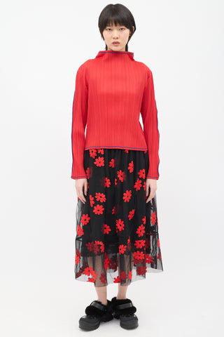 Issey Miyake Fete Red Pleated Mock Neck Top