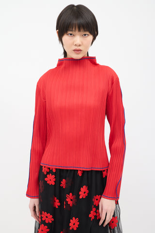 Issey Miyake Fete Red Pleated Mock Neck Top