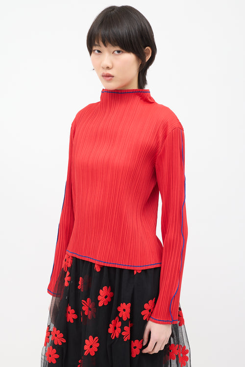 Issey Miyake Fete Red Pleated Mock Neck Top