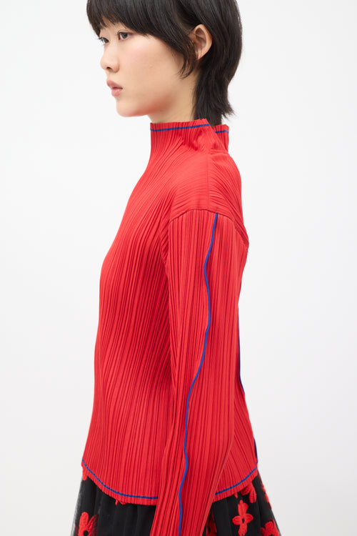 Issey Miyake Fete Red Pleated Mock Neck Top