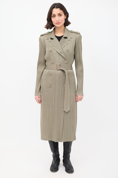 Pleats Please Issey Miyake Khaki Green Pleated Belted Trench Coat