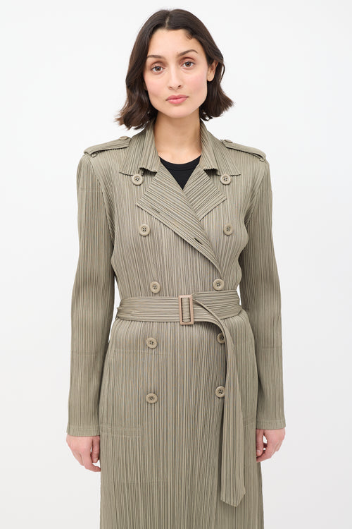 Pleats Please Issey Miyake Khaki Green Pleated Belted Trench Coat