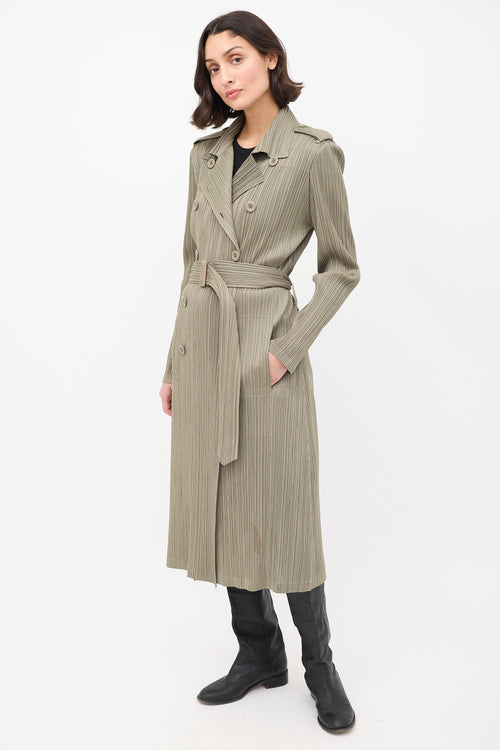 Pleats Please Issey Miyake Khaki Green Pleated Belted Trench Coat