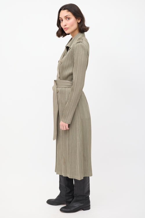 Pleats Please Issey Miyake Khaki Green Pleated Belted Trench Coat